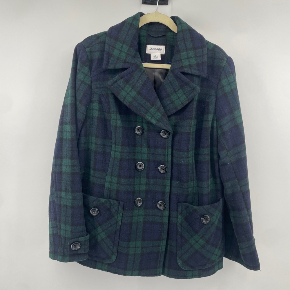 St. John's Bay Pea Coat Women XL Green Navy Plaid Double Breasted Jacket